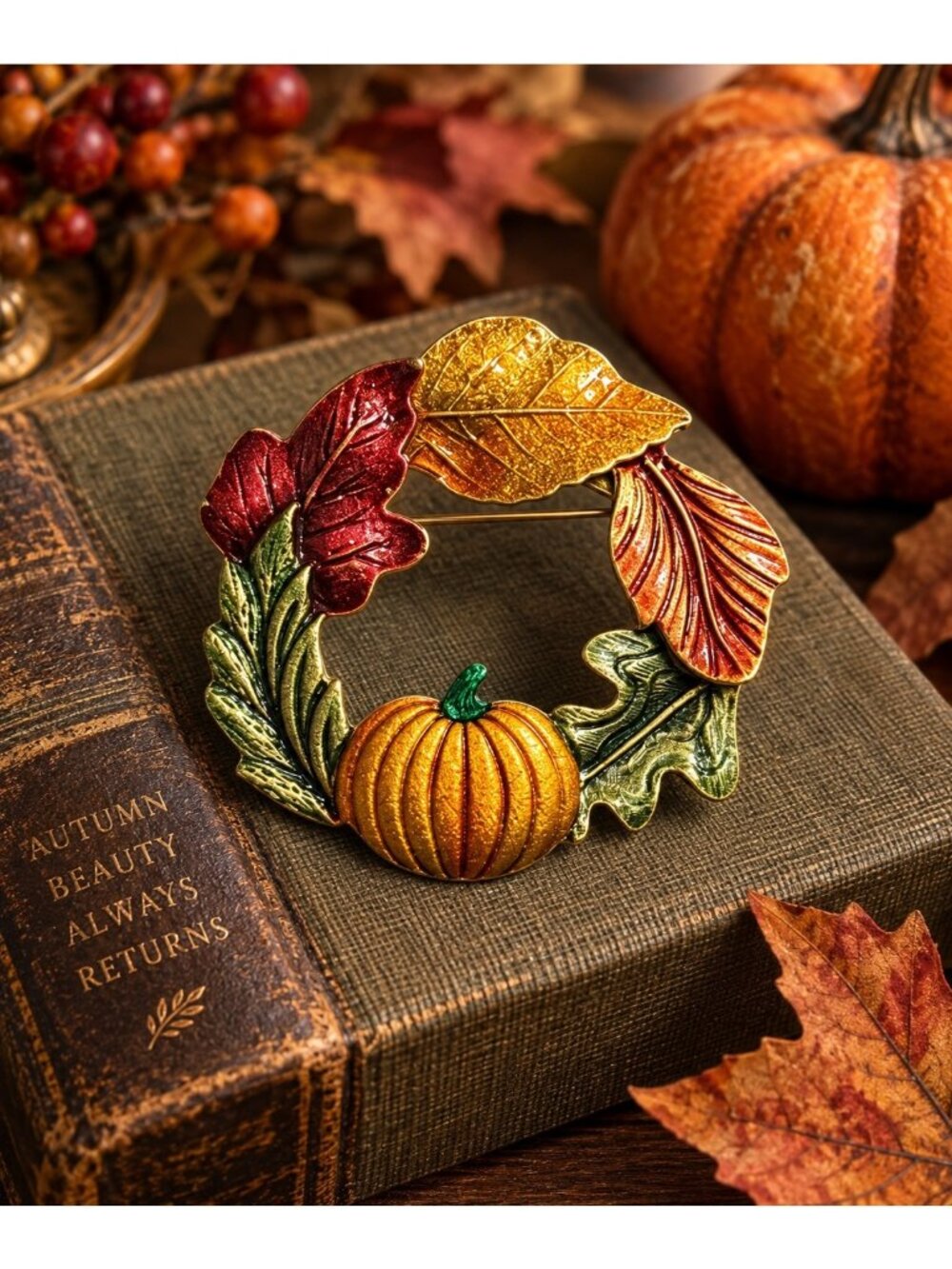 Vintage Tona Fall Harvest Pumpkin Wreath Brooch Enamel Autumn Thanksgiving Pin